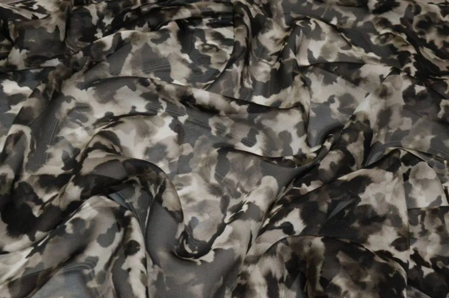 TESSUTO ORGANZA PURA SETA FANTASIA CAMOUFLAGE BIANCO NERO