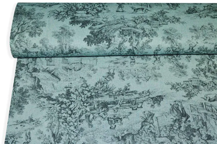 TESSUTO PANAMA PURO COTONE TOILE DE JOUY FONDO AZZURRO