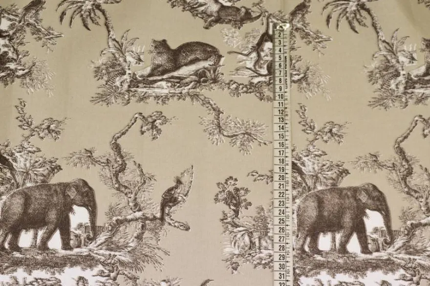 TESSUTO PANAMA PURO COTONE TOILE DE JOUY BEIGE DISEGNO GIUNGLA