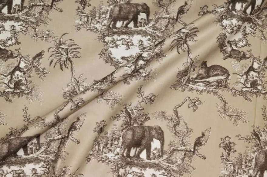 TESSUTO PANAMA PURO COTONE TOILE DE JOUY BEIGE DISEGNO GIUNGLA