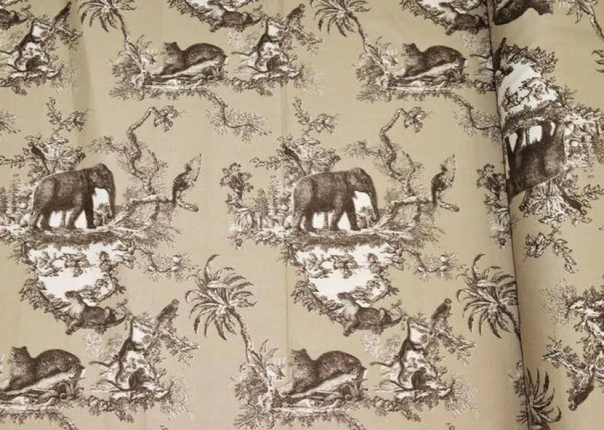 TESSUTO PANAMA PURO COTONE TOILE DE JOUY BEIGE DISEGNO GIUNGLA