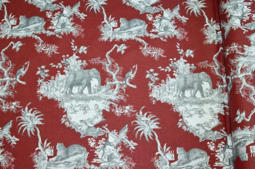 TESSUTO PANAMA PURO COTONE TOILE DE JOUY ROSSO DISEGNO GIUNGLA