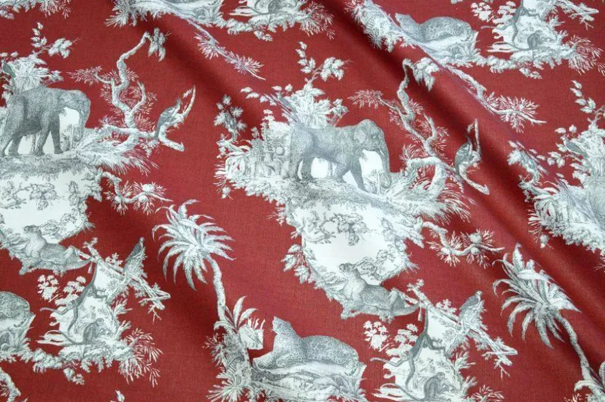 TESSUTO PANAMA PURO COTONE TOILE DE JOUY ROSSO DISEGNO GIUNGLA
