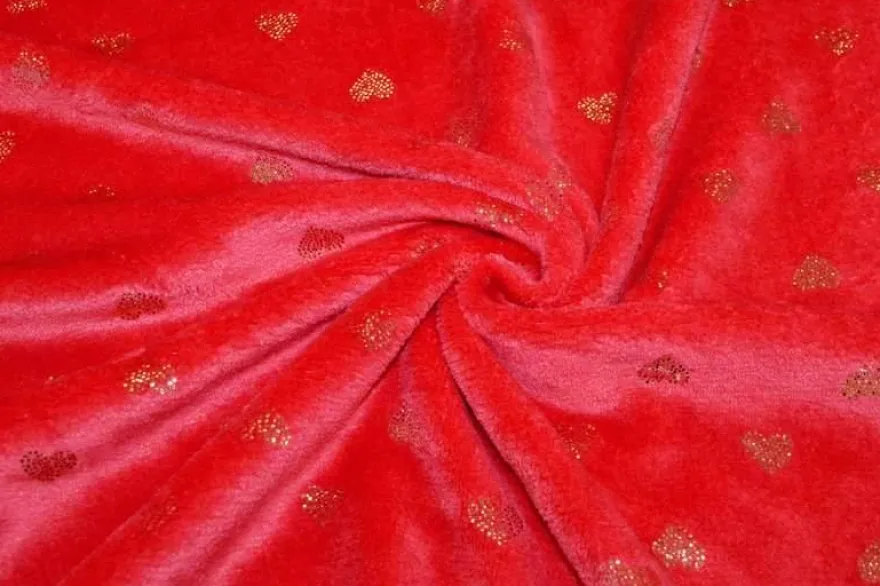 TESSUTO PILE CINIGLIATO ROSSO FANTASIA CUORI LUREX ORO