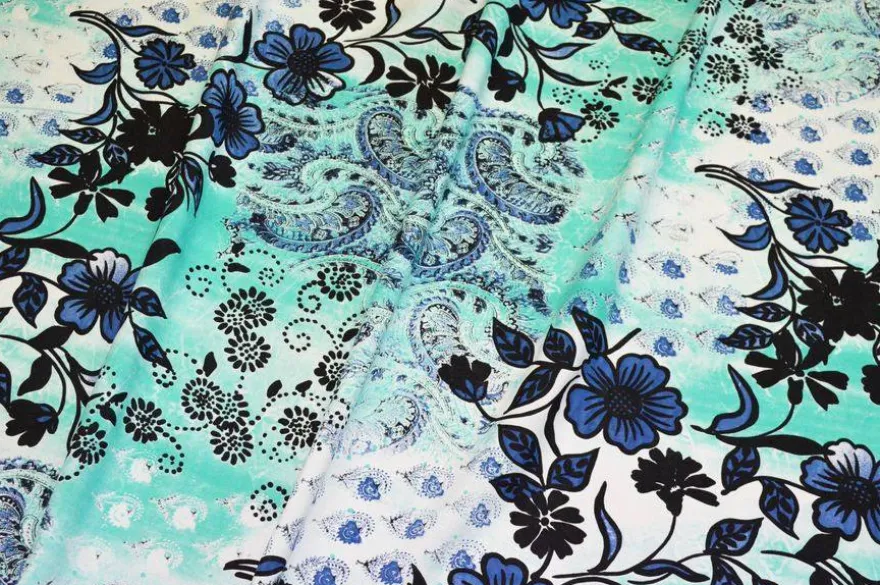 TESSUTO POPELINE PURO COTONE FANTASIA FIORE BLU