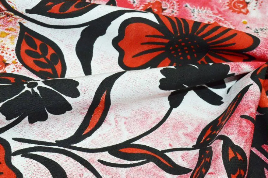 TESSUTO POPELINE PURO COTONE FANTASIA FIORE ROSSO