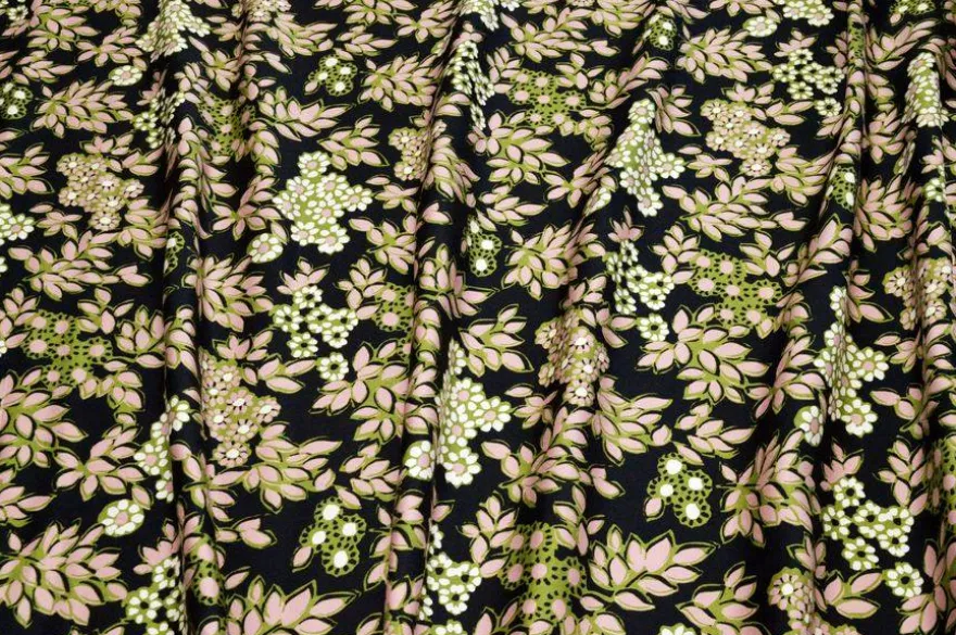 TESSUTO PURA VISCOSA FIORE VERDE FONDO NERO