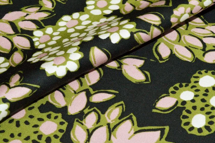TESSUTO PURA VISCOSA FIORE VERDE FONDO NERO