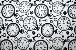 TESSUTO PURO COTONE FANTASIA CLOCKS BIANCA