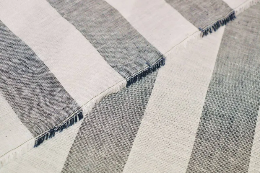TESSUTO PURO LINO RIGONE BIANCO BLU