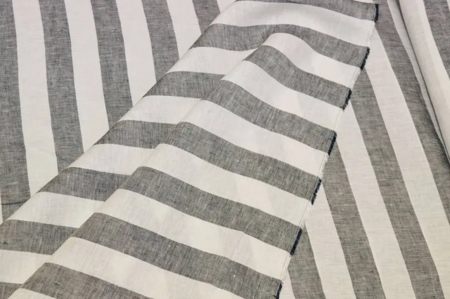 TESSUTO PURO LINO RIGONE BIANCO BLU