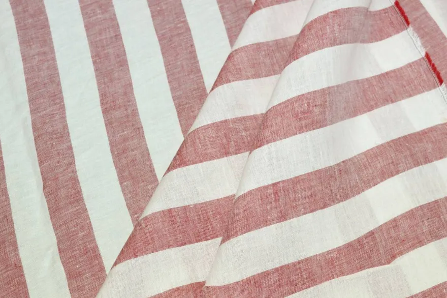 TESSUTO PURO LINO RIGONE BIANCO ROSSO