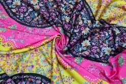 TESSUTO RASATELLO ELASTICIZZATO FANTASIA CASHMERE GIALLO FUCSIA