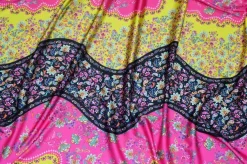 TESSUTO RASATELLO ELASTICIZZATO FANTASIA CASHMERE GIALLO FUCSIA