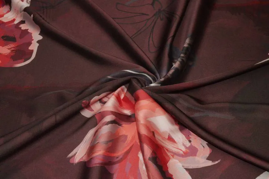 TESSUTO RASATELLO STRETCH FLOREALE BORDEAUX