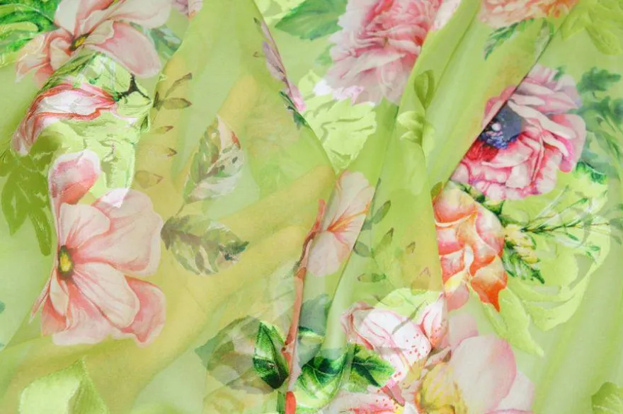 TESSUTO SATIN DEVOREH MISTO SETA FLOREALE VERDE