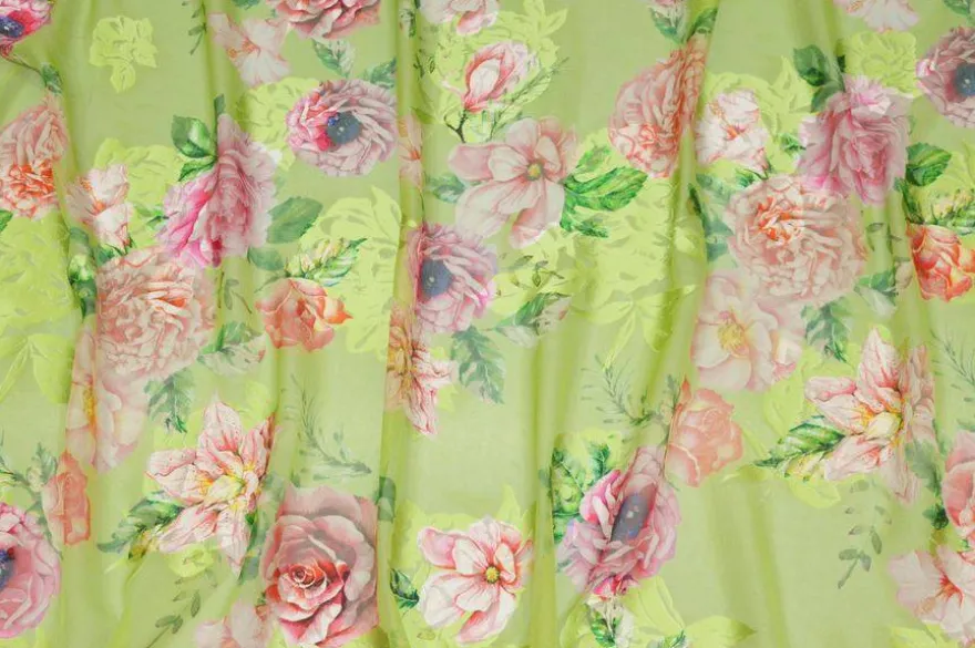 TESSUTO SATIN DEVOREH MISTO SETA FLOREALE VERDE
