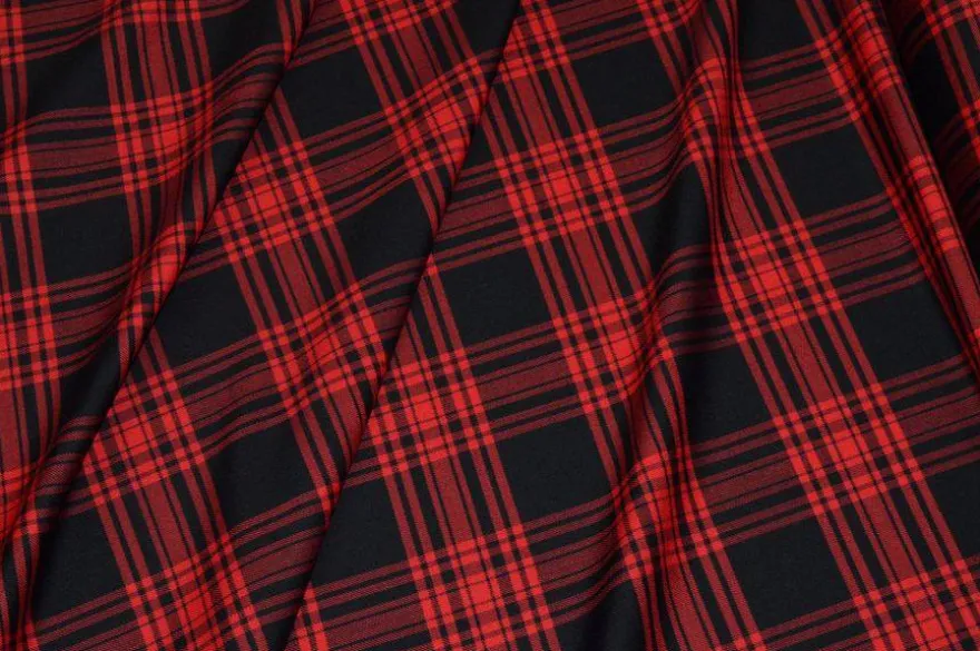 TESSUTO TARTAN LANA STRETCH ROSSO NERO