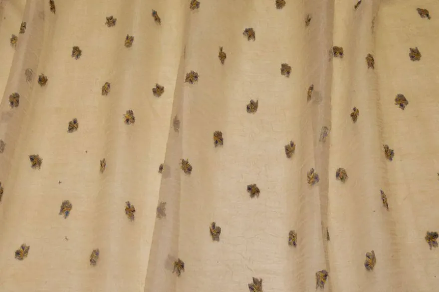 TESSUTO TENDA ORGANZA BEIGE RICAMO ORO/BLU