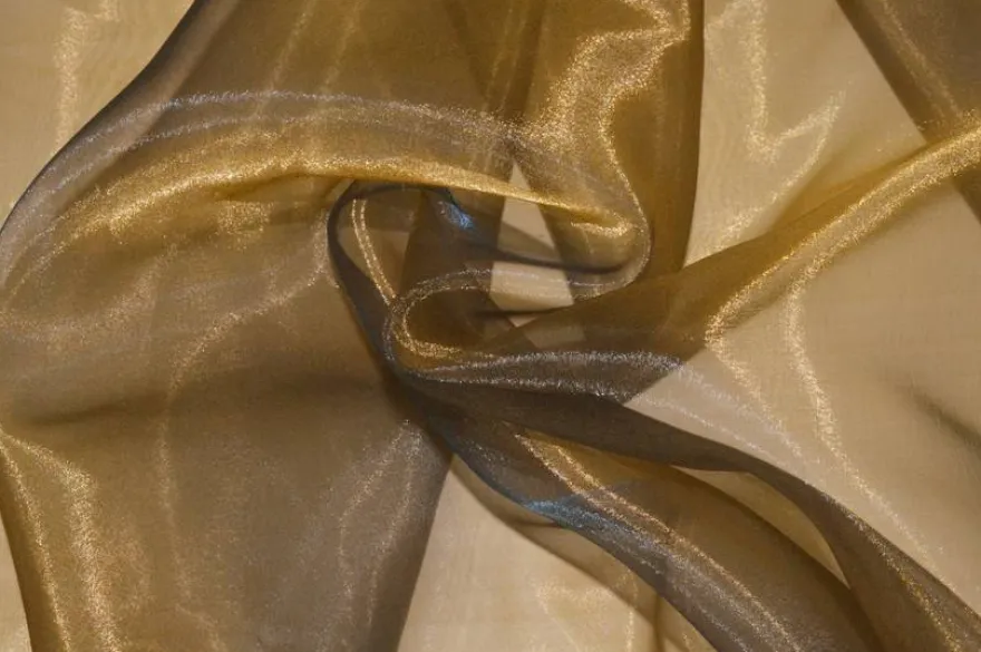 TESSUTO TENDA ORGANZA CANGIANTE ORO BLU CON RICAMO CENTRALE