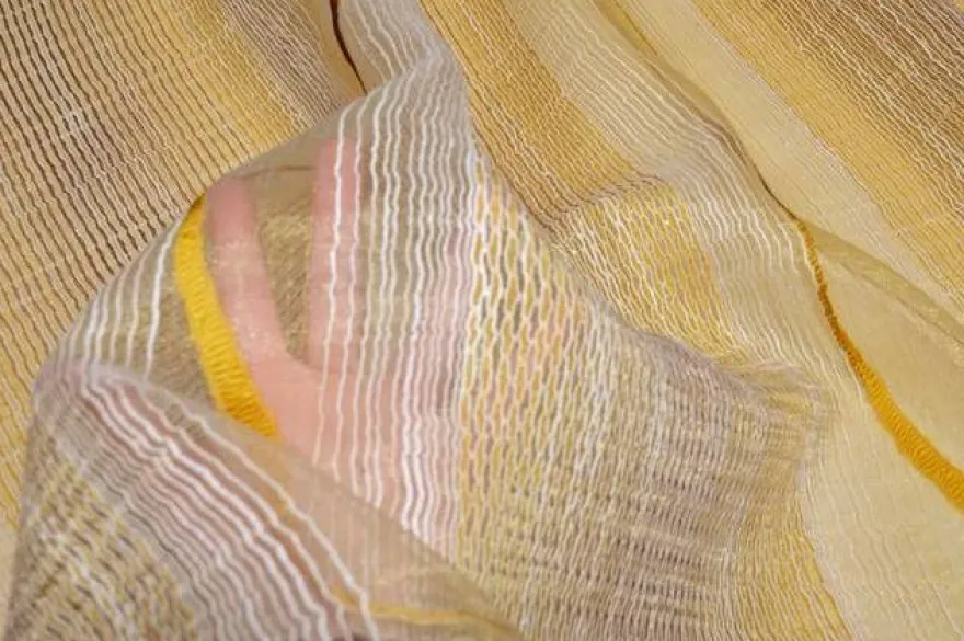 TESSUTO TENDA ORGANZA DISEGNO ONDA OCRA MARRONE