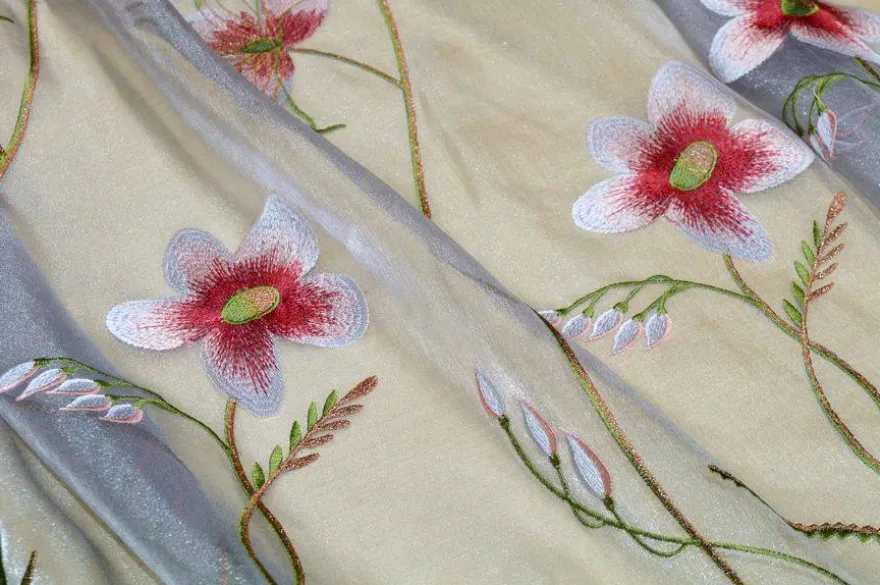 TESSUTO TENDA ORGANZA GRIGIA CON RICAMO FLOREALE