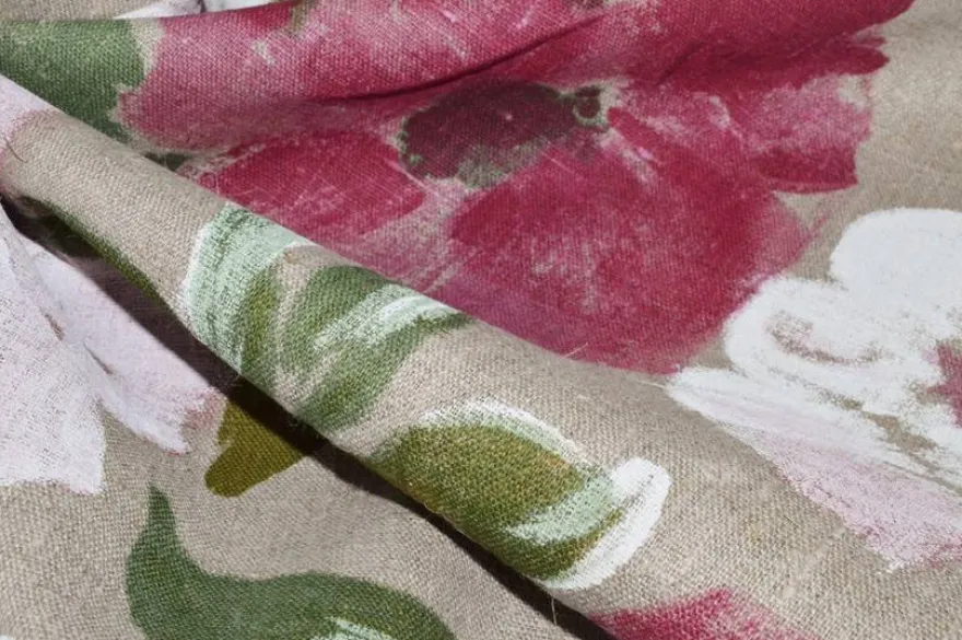 TESSUTO TOVAGLIA PURO LINO FANTASIA FLOREALE FONDO ECRU